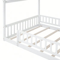 Full Size Wooden House Bed Frame With Safety Fence For Kids And Teens In White