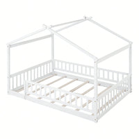 Full Size Wooden House Bed Frame With Safety Fence For Kids And Teens In White