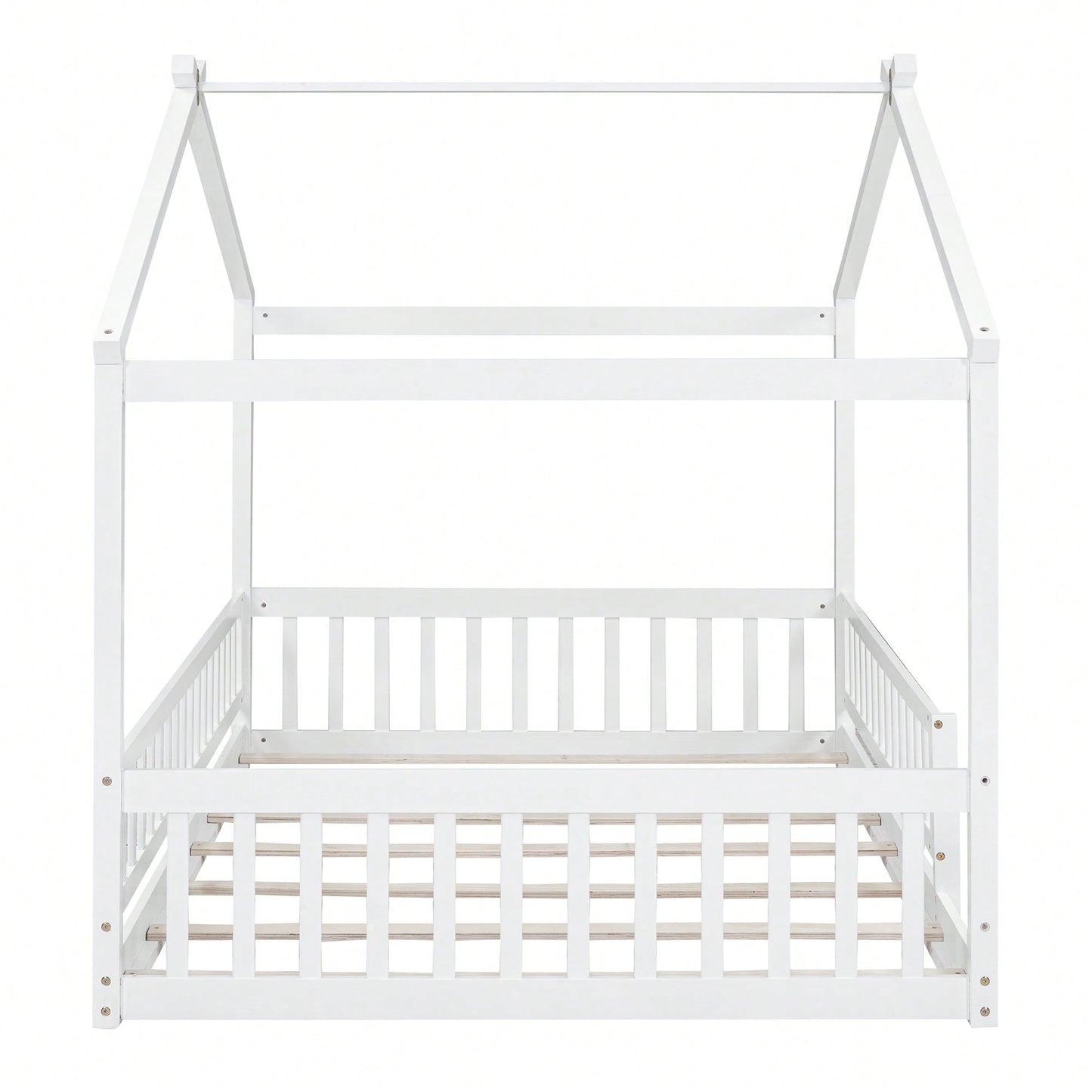 Full Size Wooden House Bed Frame With Safety Fence For Kids And Teens In White