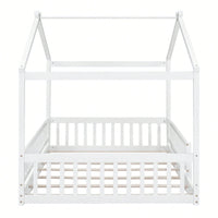 Full Size Wooden House Bed Frame With Safety Fence For Kids And Teens In White