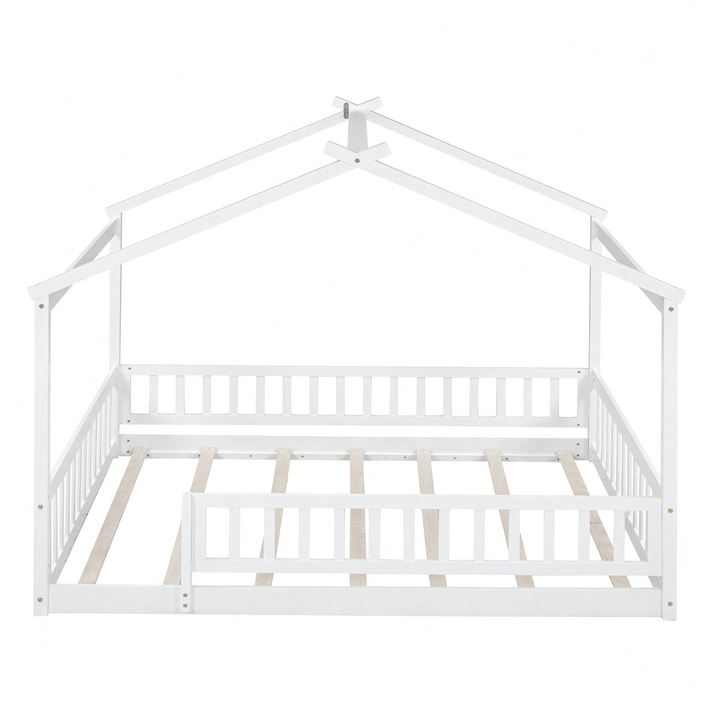 Full Size Wooden House Bed Frame With Safety Fence For Kids And Teens In White