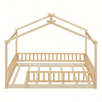 Full Size Wooden House Bed Frame With Safety Fence For Kids And Teens In White