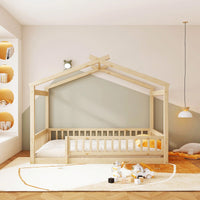 Full Size Wooden House Bed Frame With Safety Fence For Kids And Teens In White