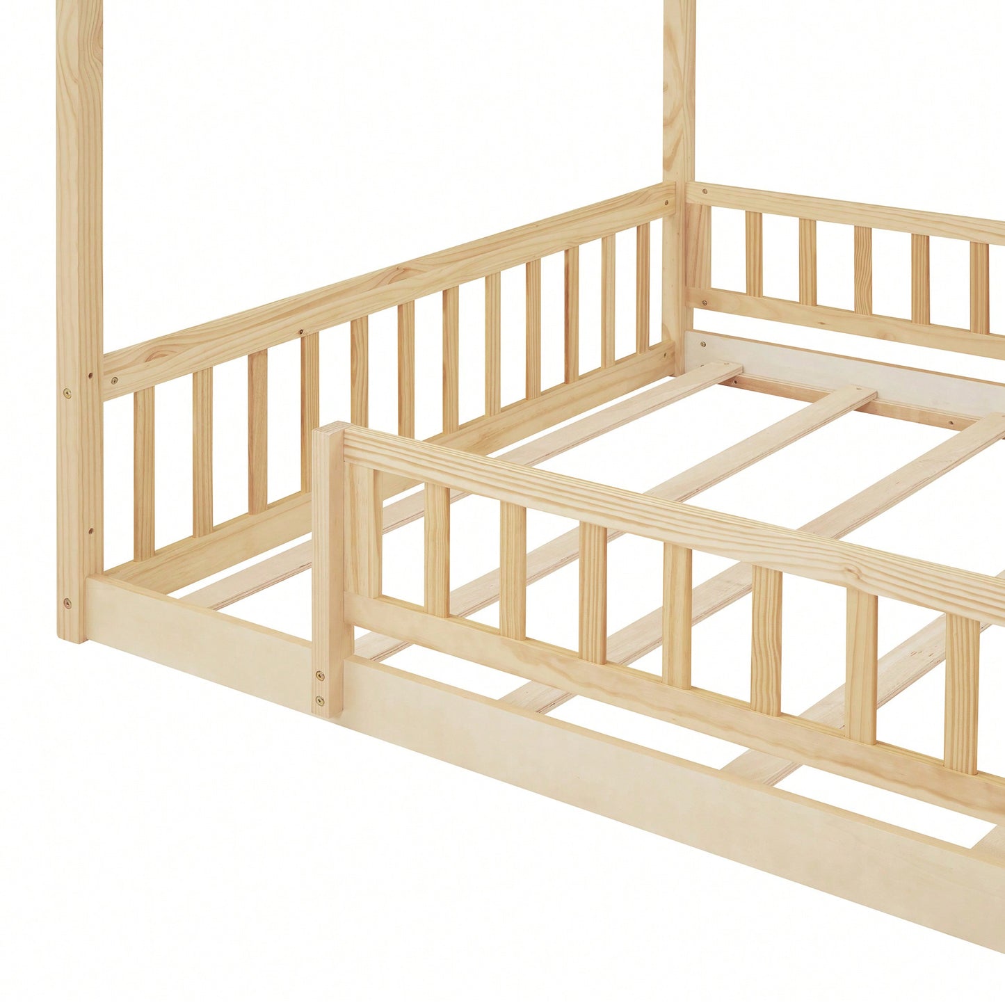 Full Size Wooden House Bed Frame With Safety Fence For Kids And Teens In White