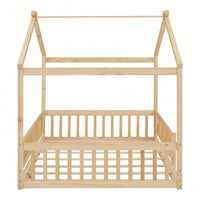 Full Size Wooden House Bed Frame With Safety Fence For Kids And Teens In White