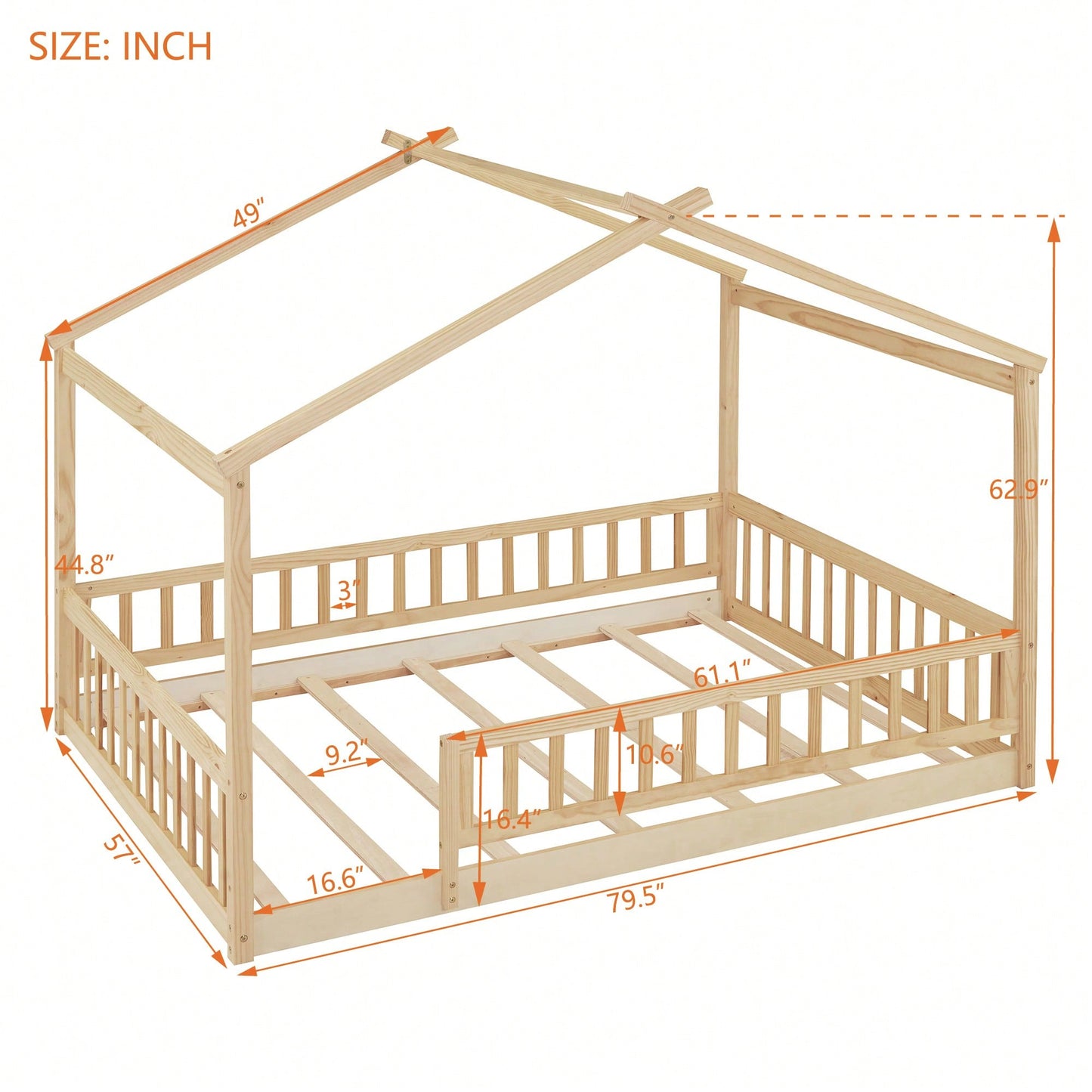 Full Size Wooden House Bed Frame With Safety Fence For Kids And Teens In White