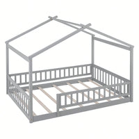 Full Size Wooden House Bed Frame With Safety Fence For Kids And Teens In White