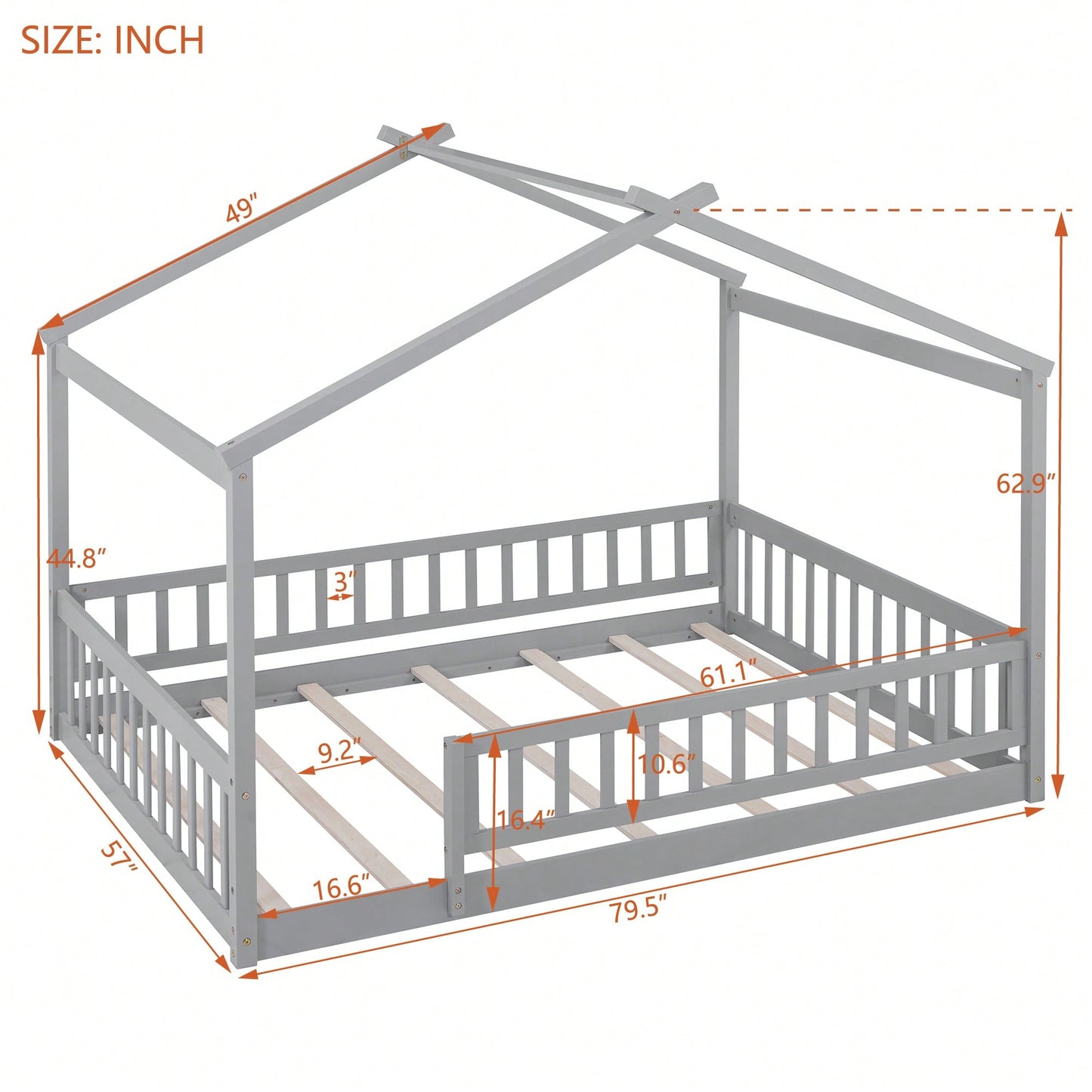 Full Size Wooden House Bed Frame With Safety Fence For Kids And Teens In White