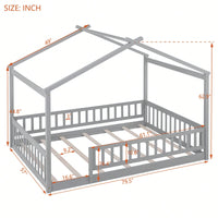 Full Size Wooden House Bed Frame With Safety Fence For Kids And Teens In White