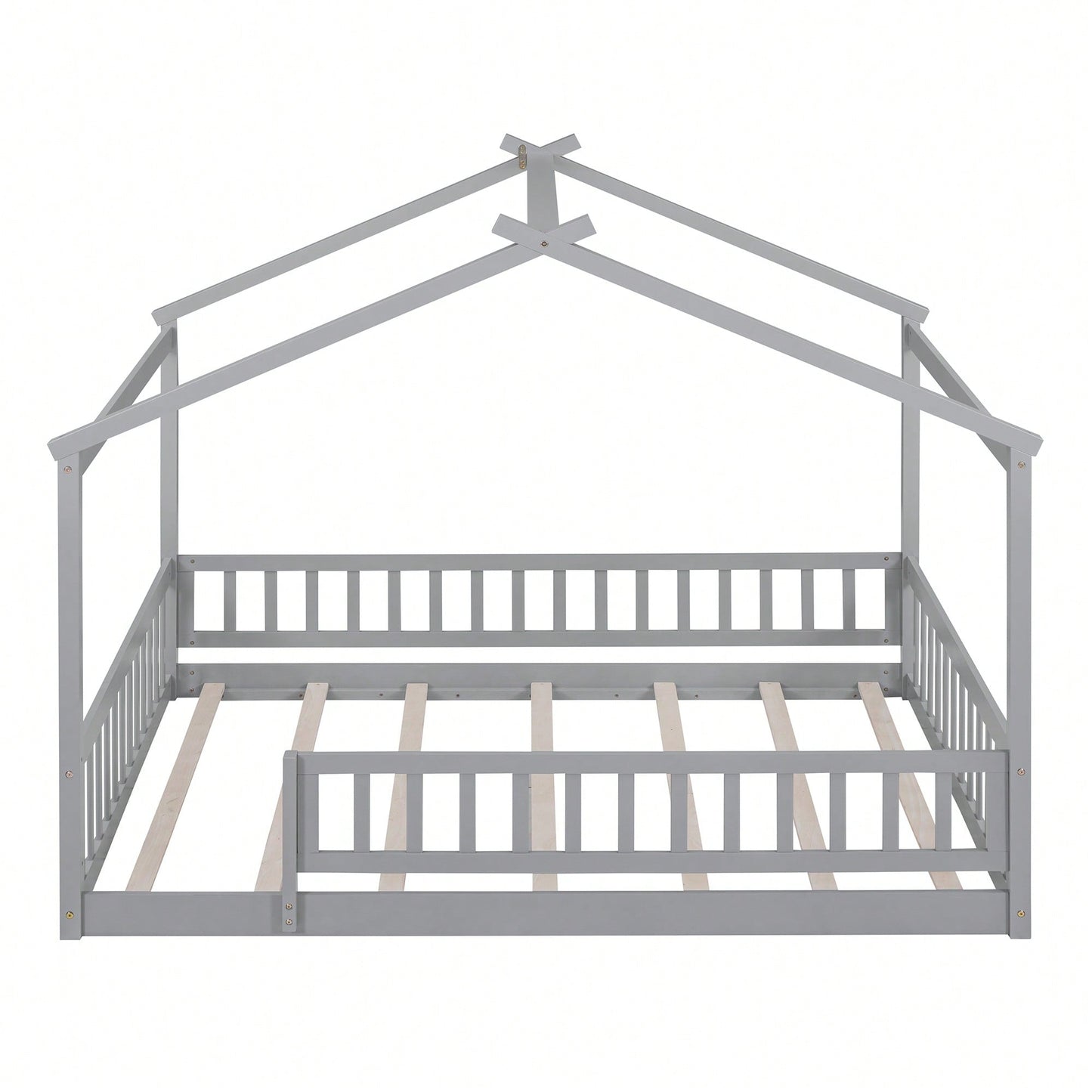 Full Size Wooden House Bed Frame With Safety Fence For Kids And Teens In White