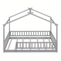 Full Size Wooden House Bed Frame With Safety Fence For Kids And Teens In White