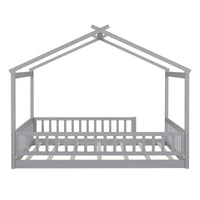 Full Size Wooden House Bed Frame With Safety Fence For Kids And Teens In White