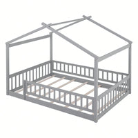 Full Size Wooden House Bed Frame With Safety Fence For Kids And Teens In White