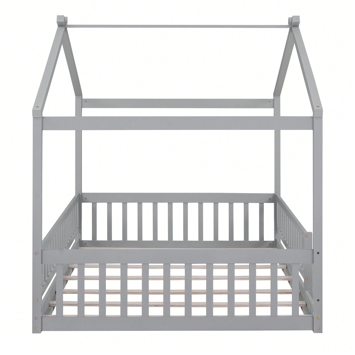 Full Size Wooden House Bed Frame With Safety Fence For Kids And Teens In White