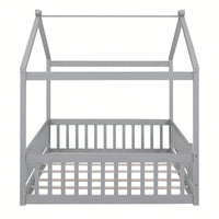 Full Size Wooden House Bed Frame With Safety Fence For Kids And Teens In White