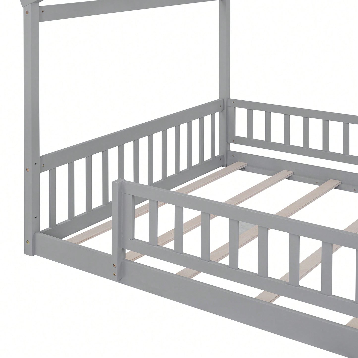 Full Size Wooden House Bed Frame With Safety Fence For Kids And Teens In White