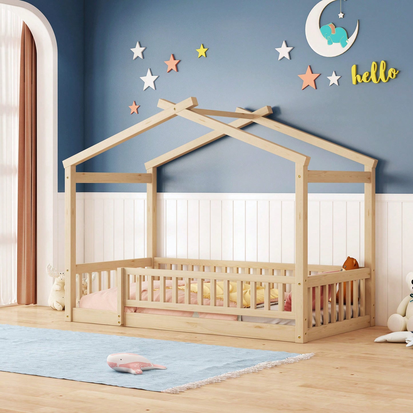 Twin Size Wooden House Bed Frame With Safety Fence For Kids And Teens In White