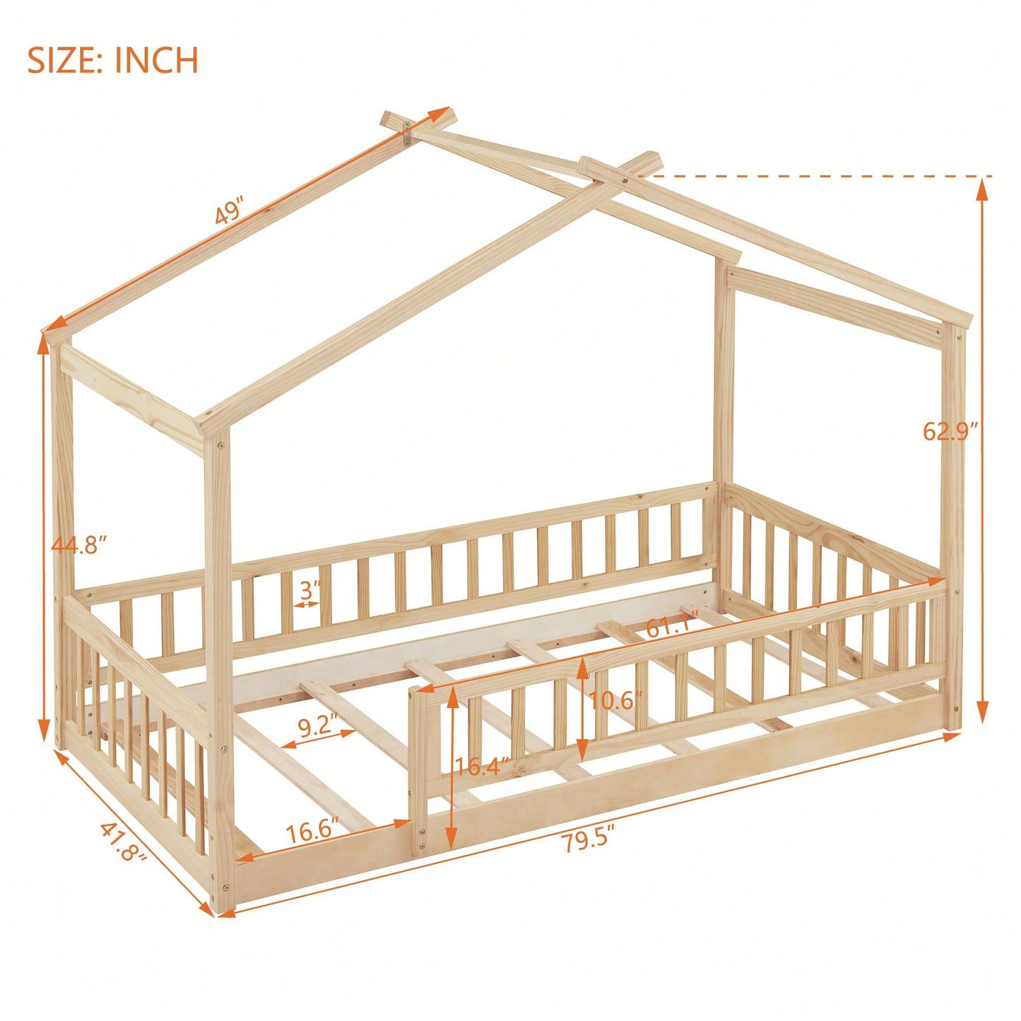 Twin Size Wooden House Bed Frame With Safety Fence For Kids And Teens In White