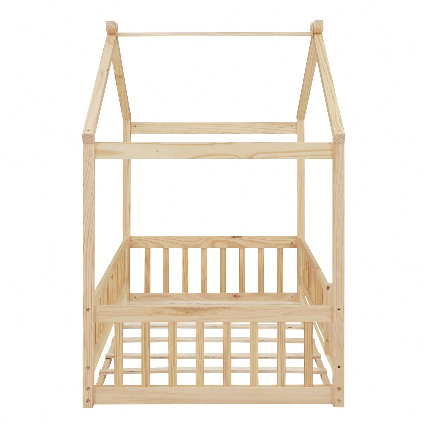 Twin Size Wooden House Bed Frame With Safety Fence For Kids And Teens In White