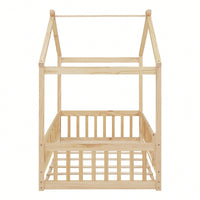 Twin Size Wooden House Bed Frame With Safety Fence For Kids And Teens In White