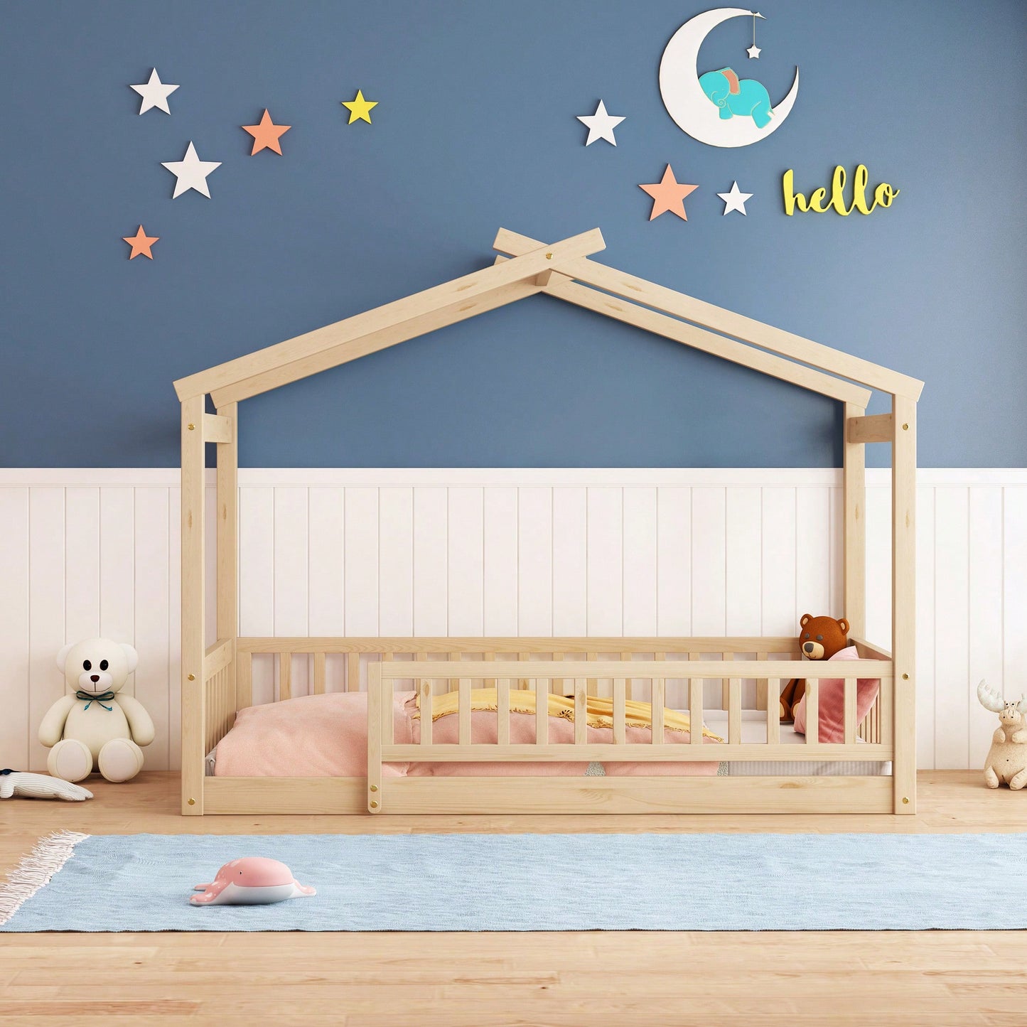 Twin Size Wooden House Bed Frame With Safety Fence For Kids And Teens In White