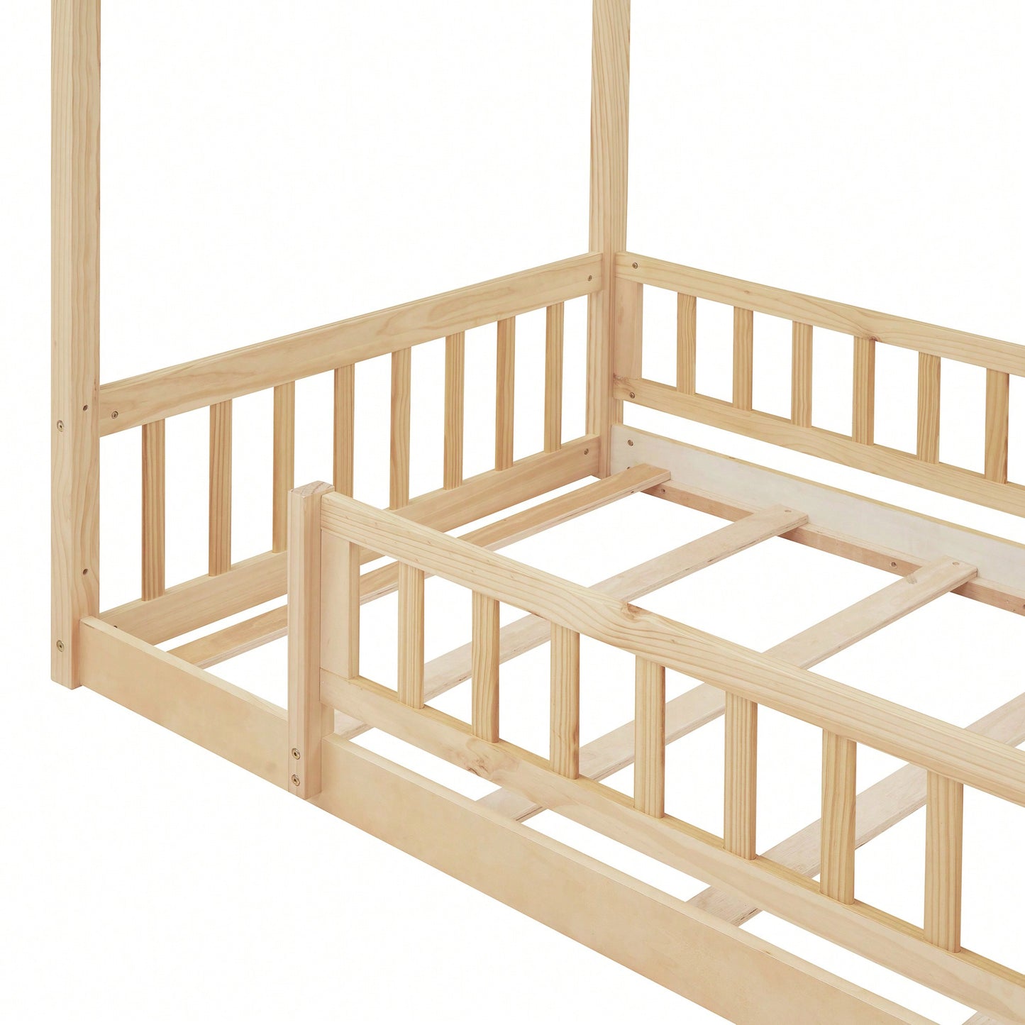 Twin Size Wooden House Bed Frame With Safety Fence For Kids And Teens In White