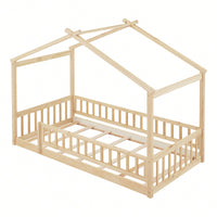 Twin Size Wooden House Bed Frame With Safety Fence For Kids And Teens In White