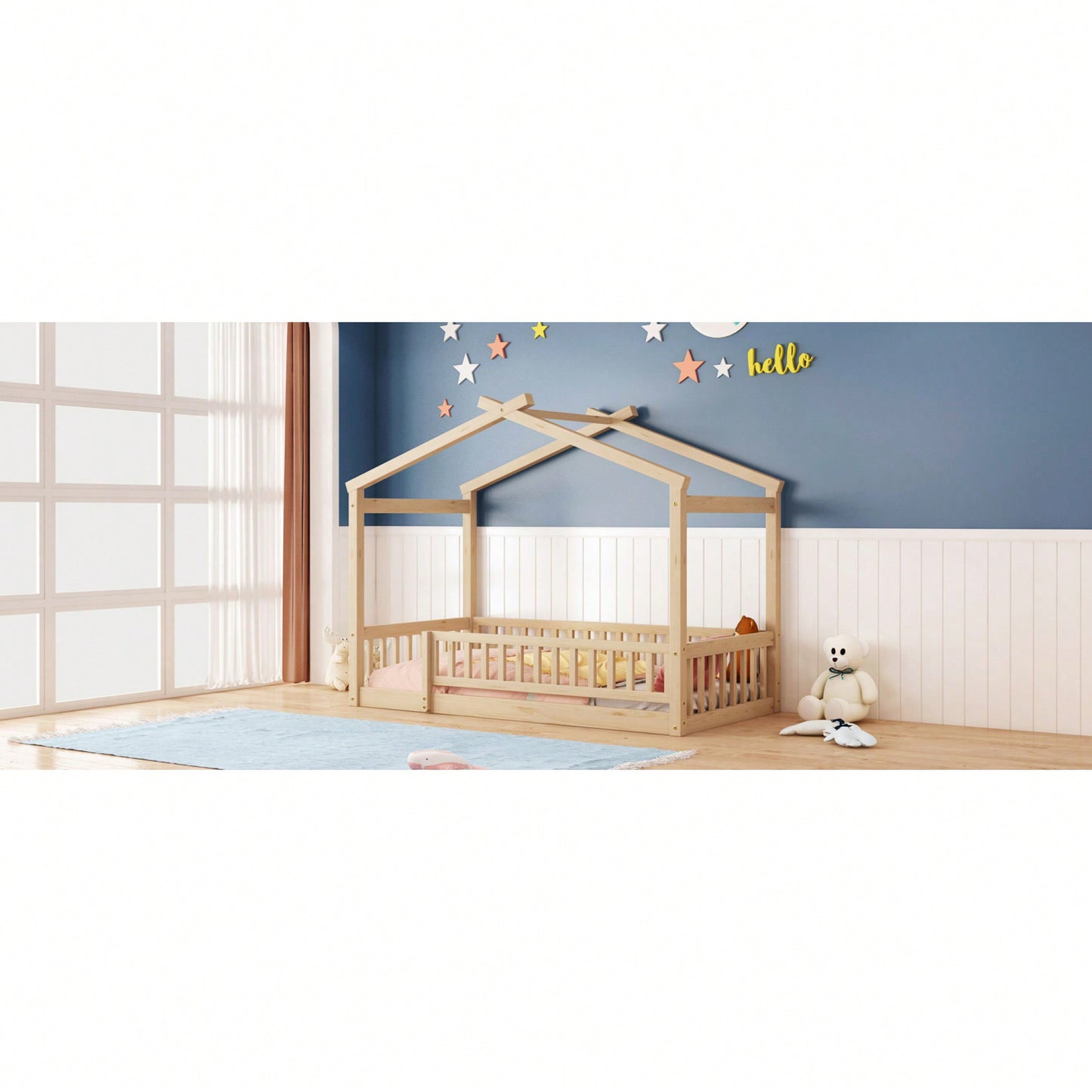 Twin Size Wooden House Bed Frame With Safety Fence For Kids And Teens In White