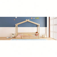 Twin Size Wooden House Bed Frame With Safety Fence For Kids And Teens In White