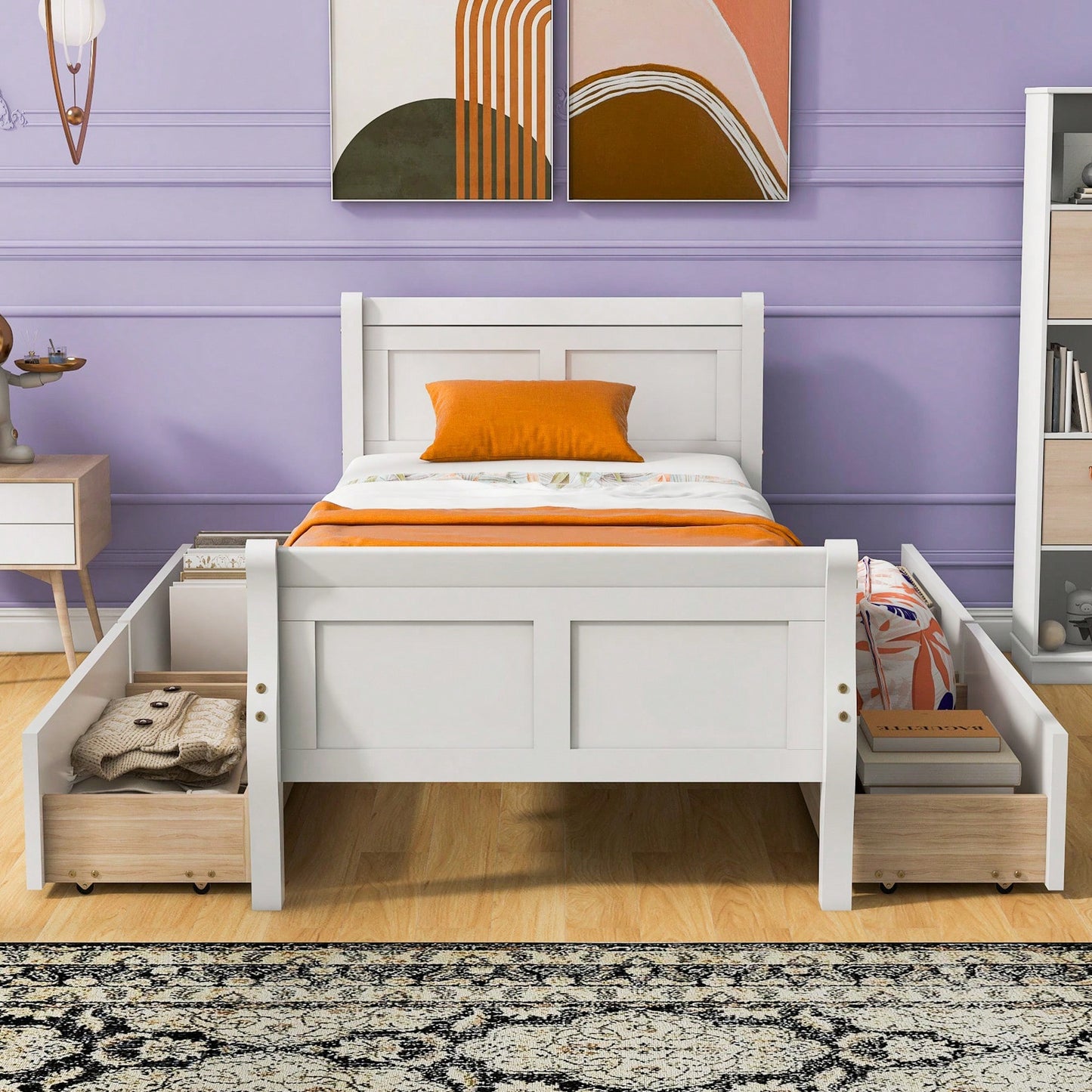 Twin Wood Platform Bed With 4 Storage Drawers And Sleek Headboard And Footboard In White