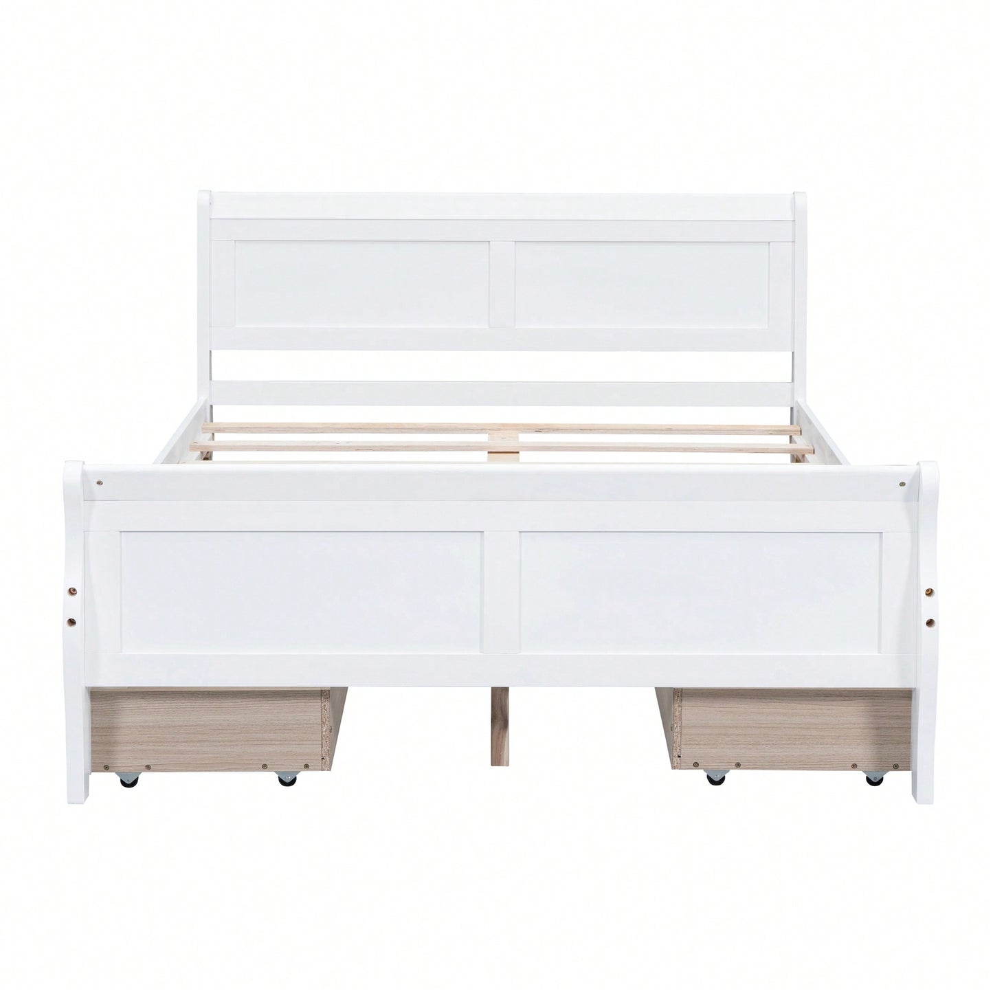 Full Size White Wood Platform Bed With 4 Storage Drawers And Sleek Headboard And Footboard Design