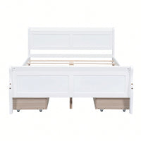 Full Size White Wood Platform Bed With 4 Storage Drawers And Sleek Headboard And Footboard Design