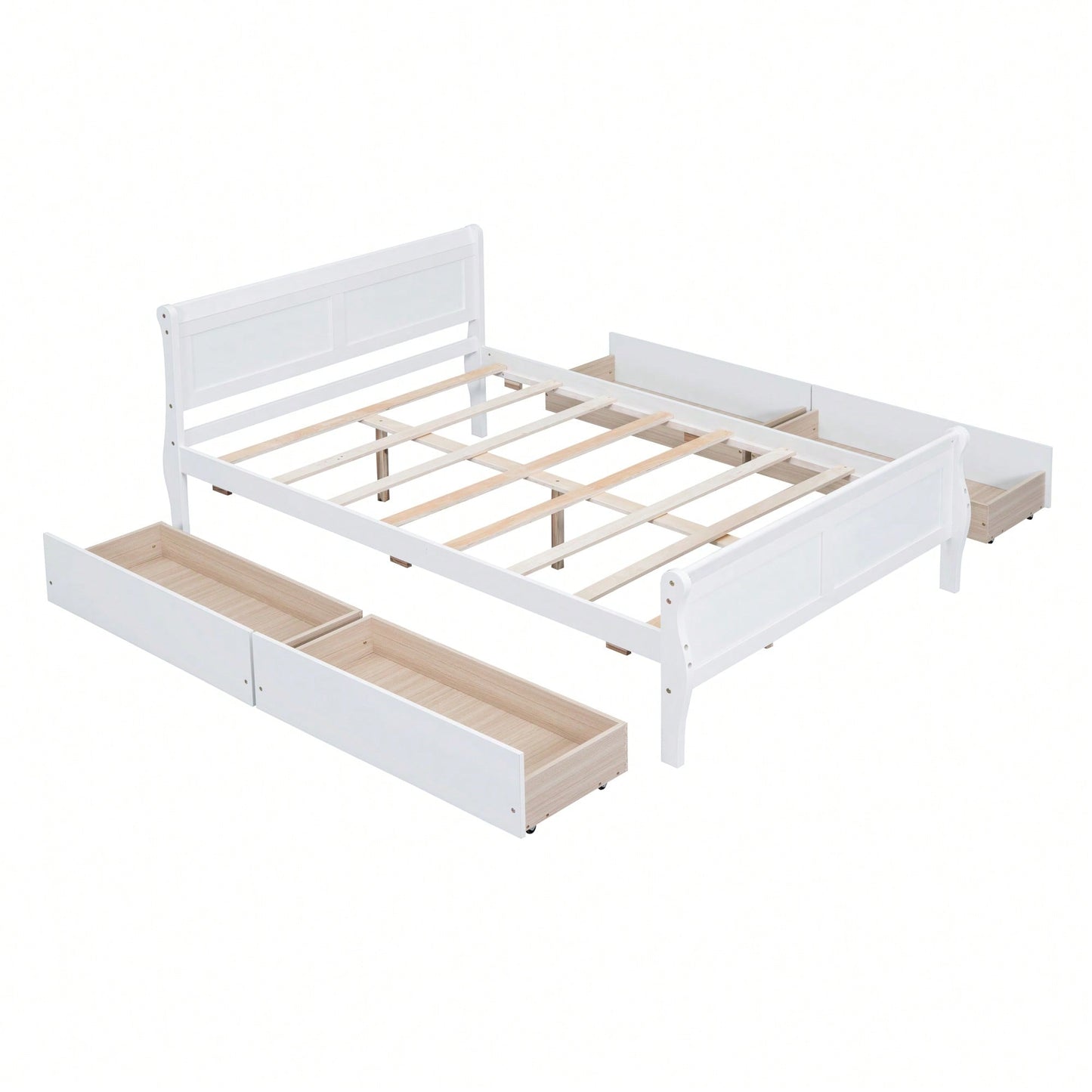 Full Size White Wood Platform Bed With 4 Storage Drawers And Sleek Headboard And Footboard Design