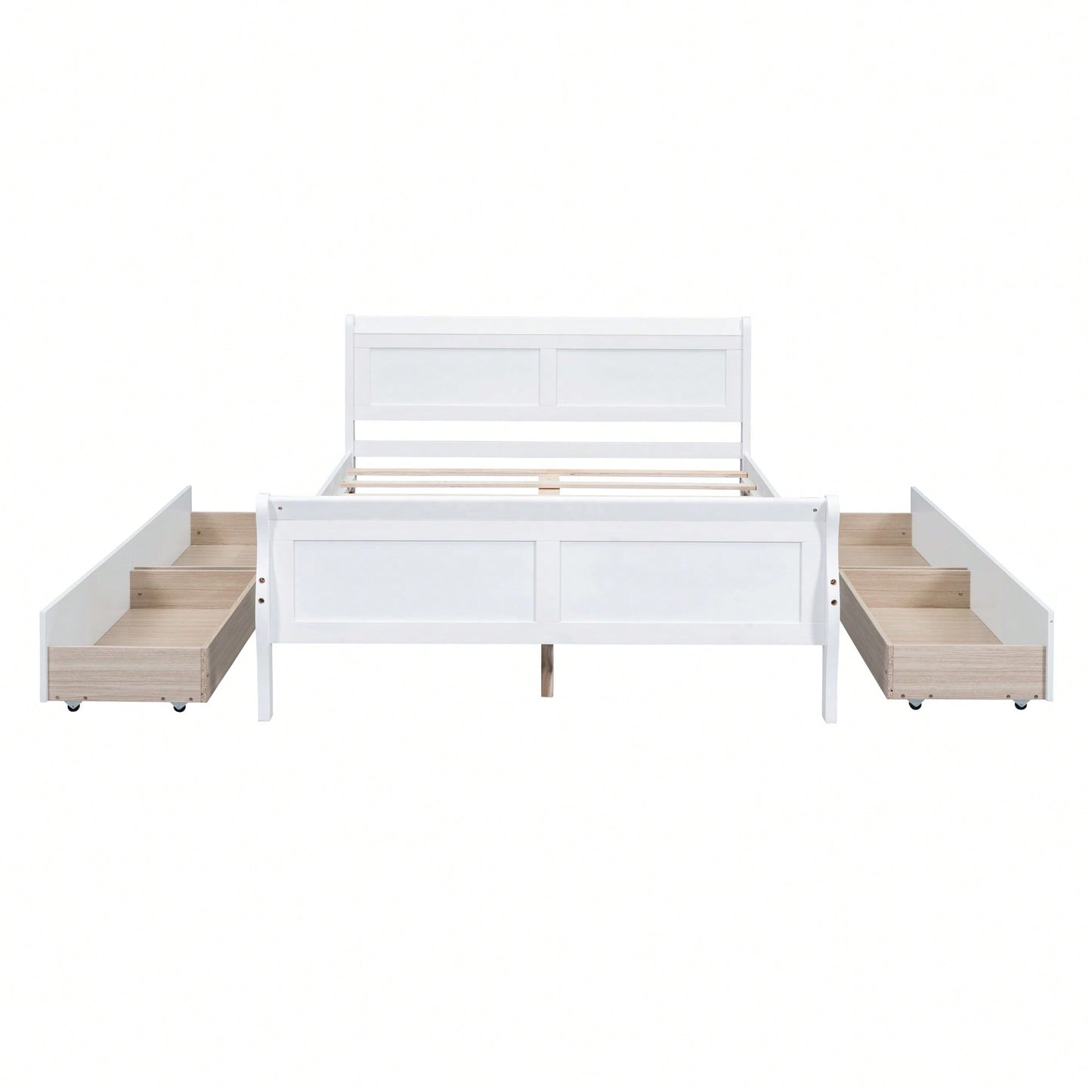 Full Size White Wood Platform Bed With 4 Storage Drawers And Sleek Headboard And Footboard Design