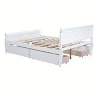 Full Size White Wood Platform Bed With 4 Storage Drawers And Sleek Headboard And Footboard Design