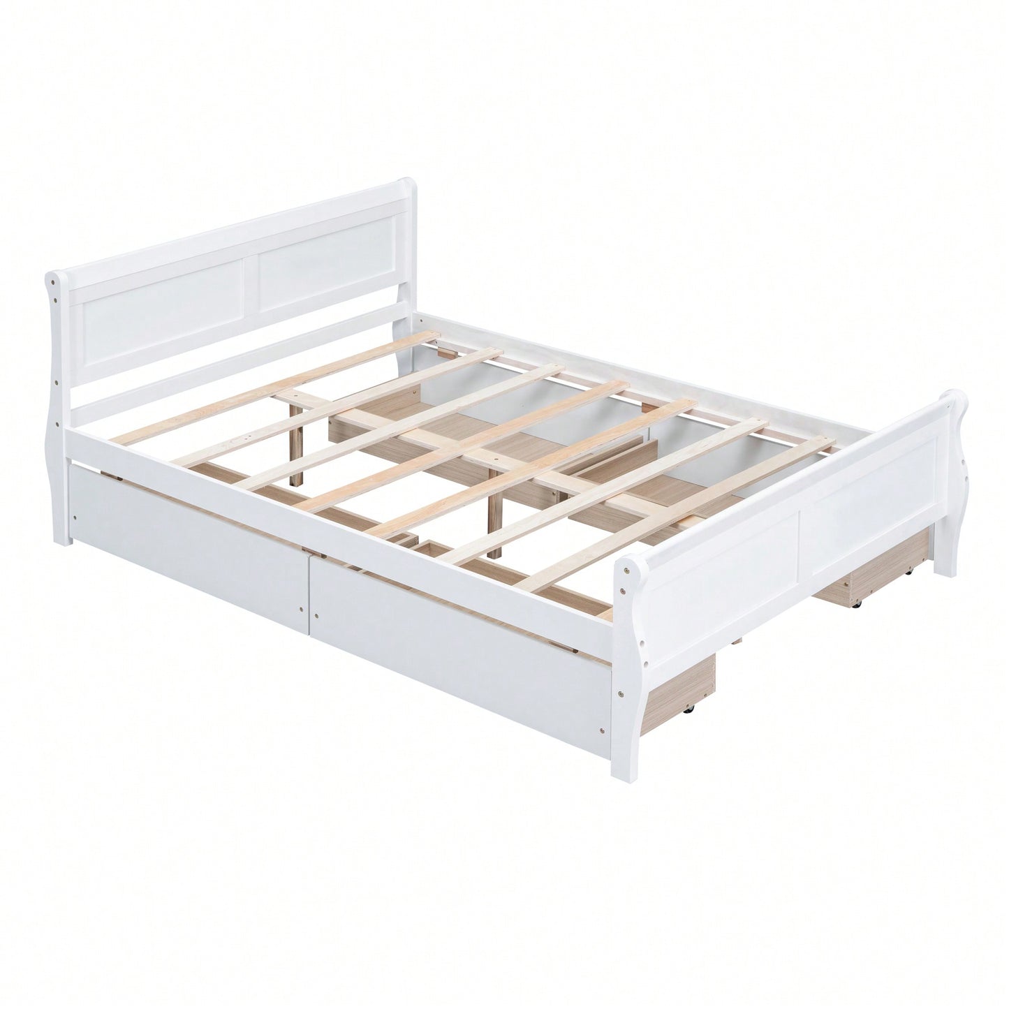 Full Size White Wood Platform Bed With 4 Storage Drawers And Sleek Headboard And Footboard Design