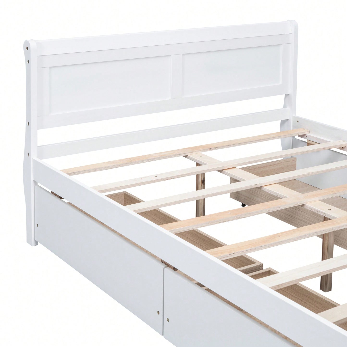 Full Size White Wood Platform Bed With 4 Storage Drawers And Sleek Headboard And Footboard Design