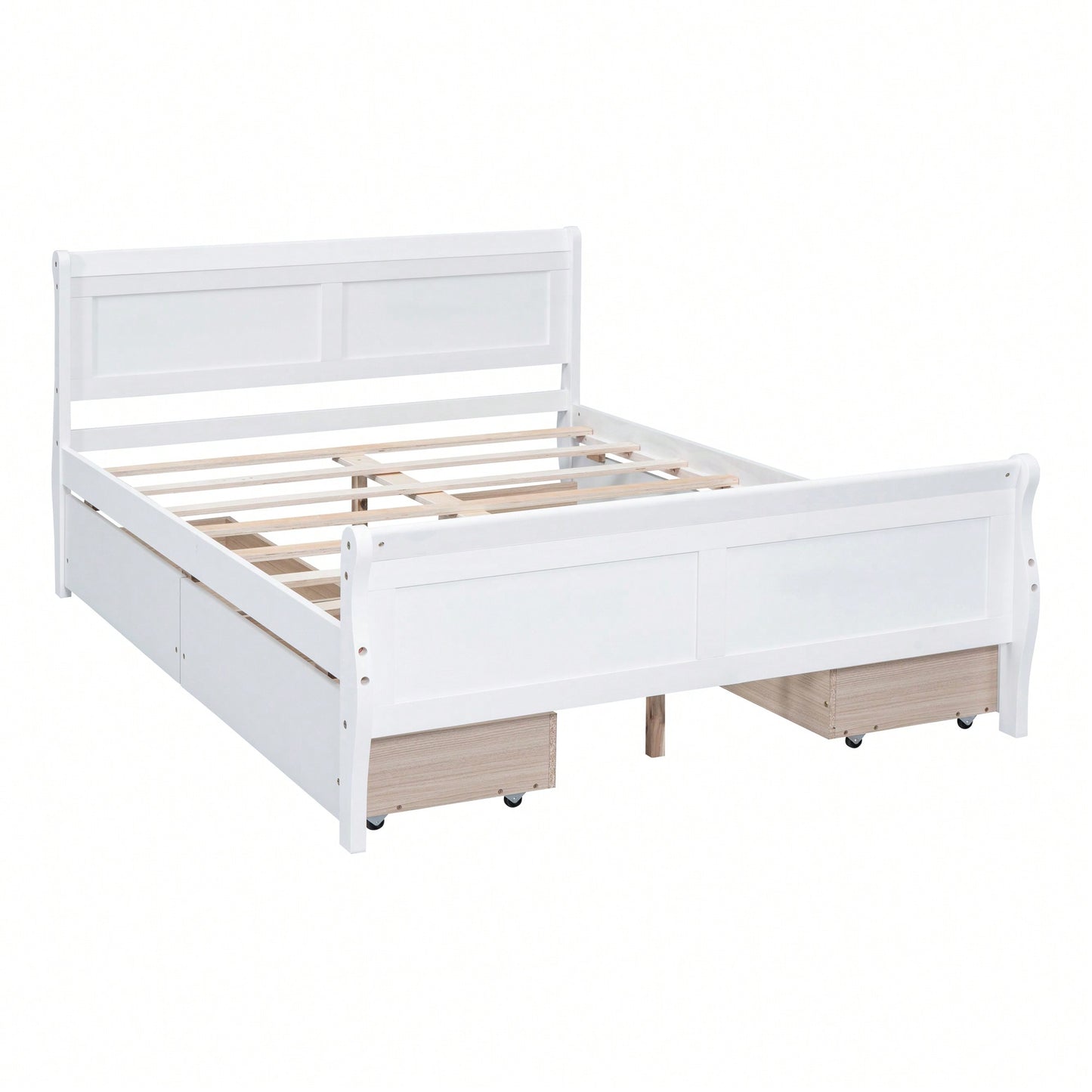 Full Size White Wood Platform Bed With 4 Storage Drawers And Sleek Headboard And Footboard Design