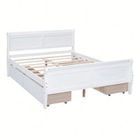 Full Size White Wood Platform Bed With 4 Storage Drawers And Sleek Headboard And Footboard Design