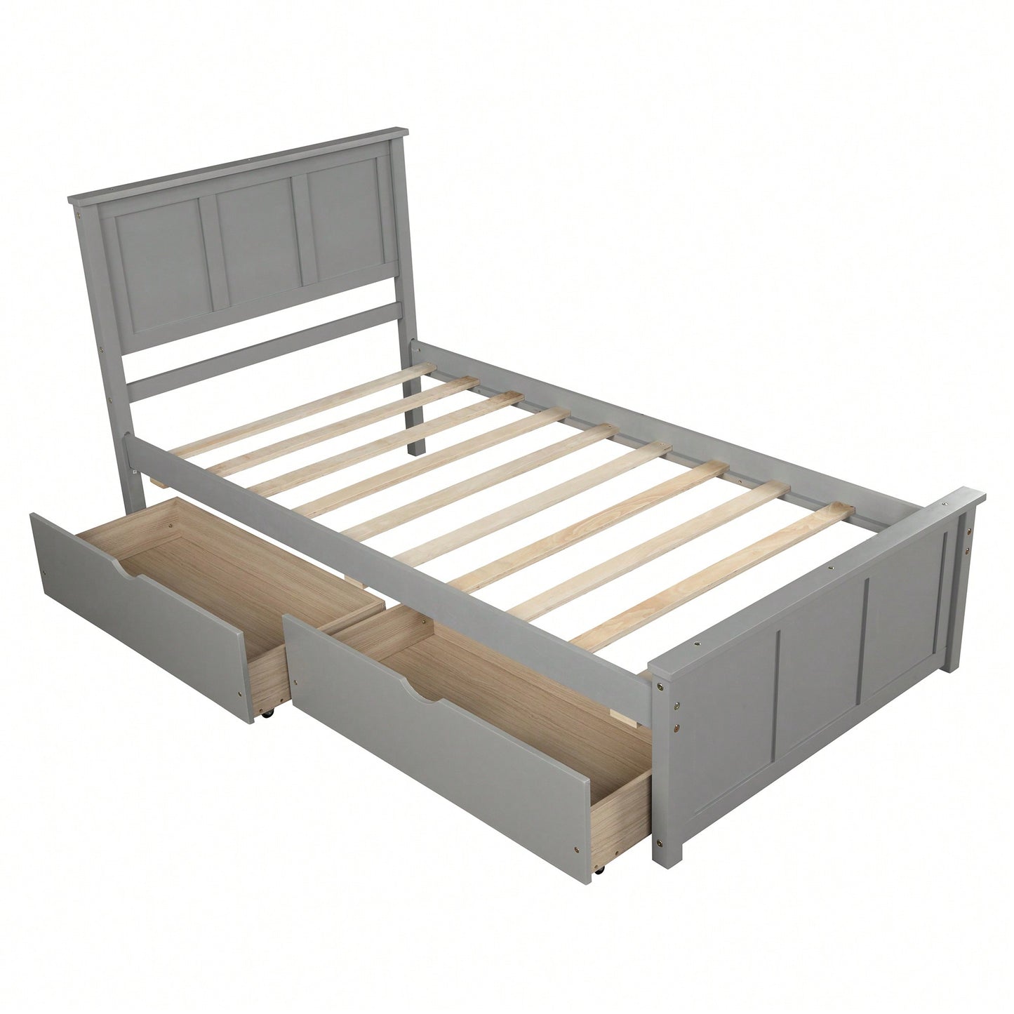 Twin Size Gray Platform Storage Bed With 2 Rolling Drawers