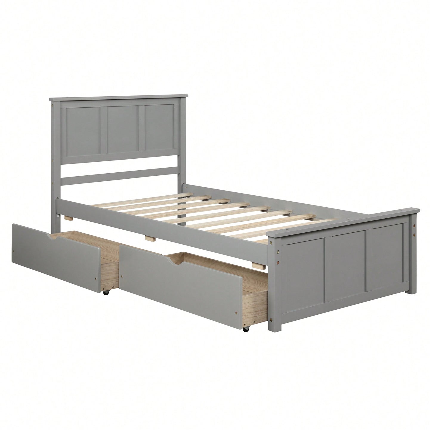 Twin Size Gray Platform Storage Bed With 2 Rolling Drawers