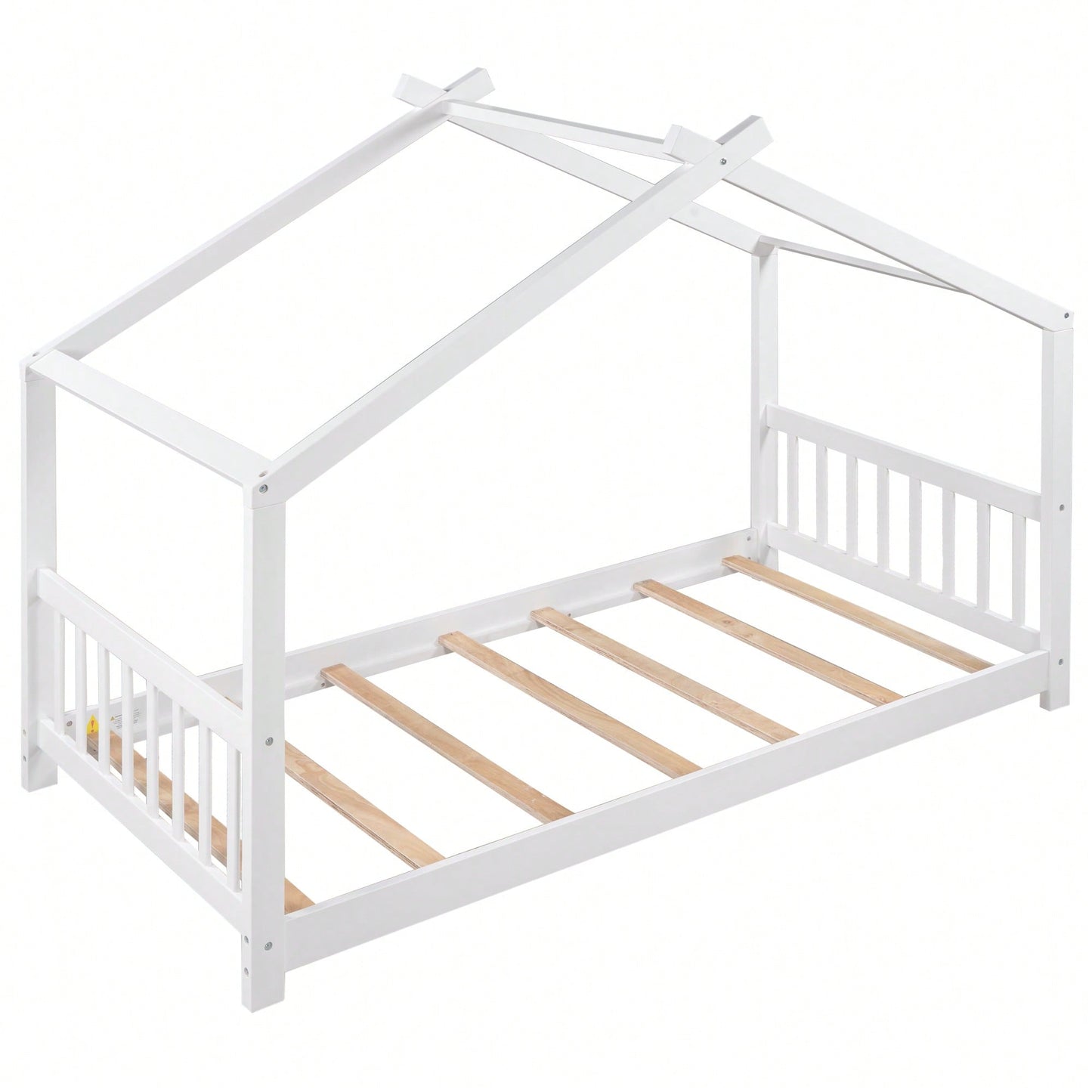 Twin Size Platform Bed With Roof Design Headboard And Footboard In White