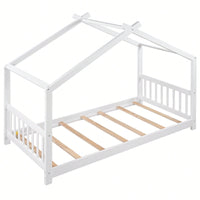 Twin Size Platform Bed With Roof Design Headboard And Footboard In White