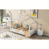 Twin Size Platform Bed With Roof Design Headboard And Footboard In White