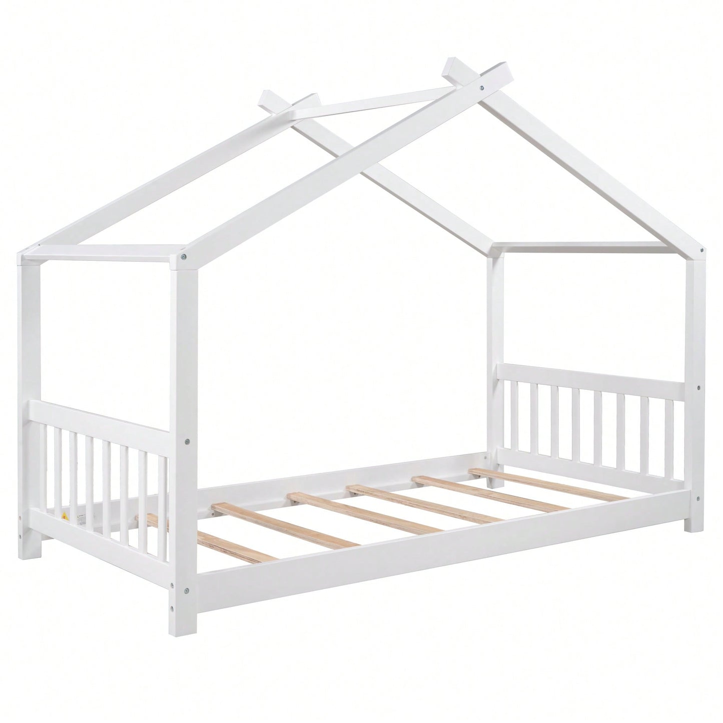 Twin Size Platform Bed With Roof Design Headboard And Footboard In White