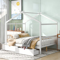 Elegant Full Size Platform Bed With Two Storage Drawers And Stylish Headboard, Footboard, And Roof Design In White