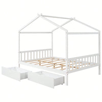 Elegant Full Size Platform Bed With Two Storage Drawers And Stylish Headboard, Footboard, And Roof Design In White