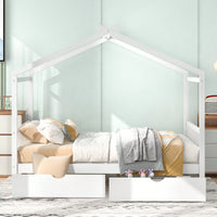 Elegant Full Size Platform Bed With Two Storage Drawers And Stylish Headboard, Footboard, And Roof Design In White