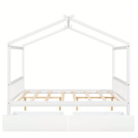 Elegant Full Size Platform Bed With Two Storage Drawers And Stylish Headboard, Footboard, And Roof Design In White