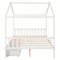 Elegant Full Size Platform Bed With Two Storage Drawers And Stylish Headboard, Footboard, And Roof Design In White
